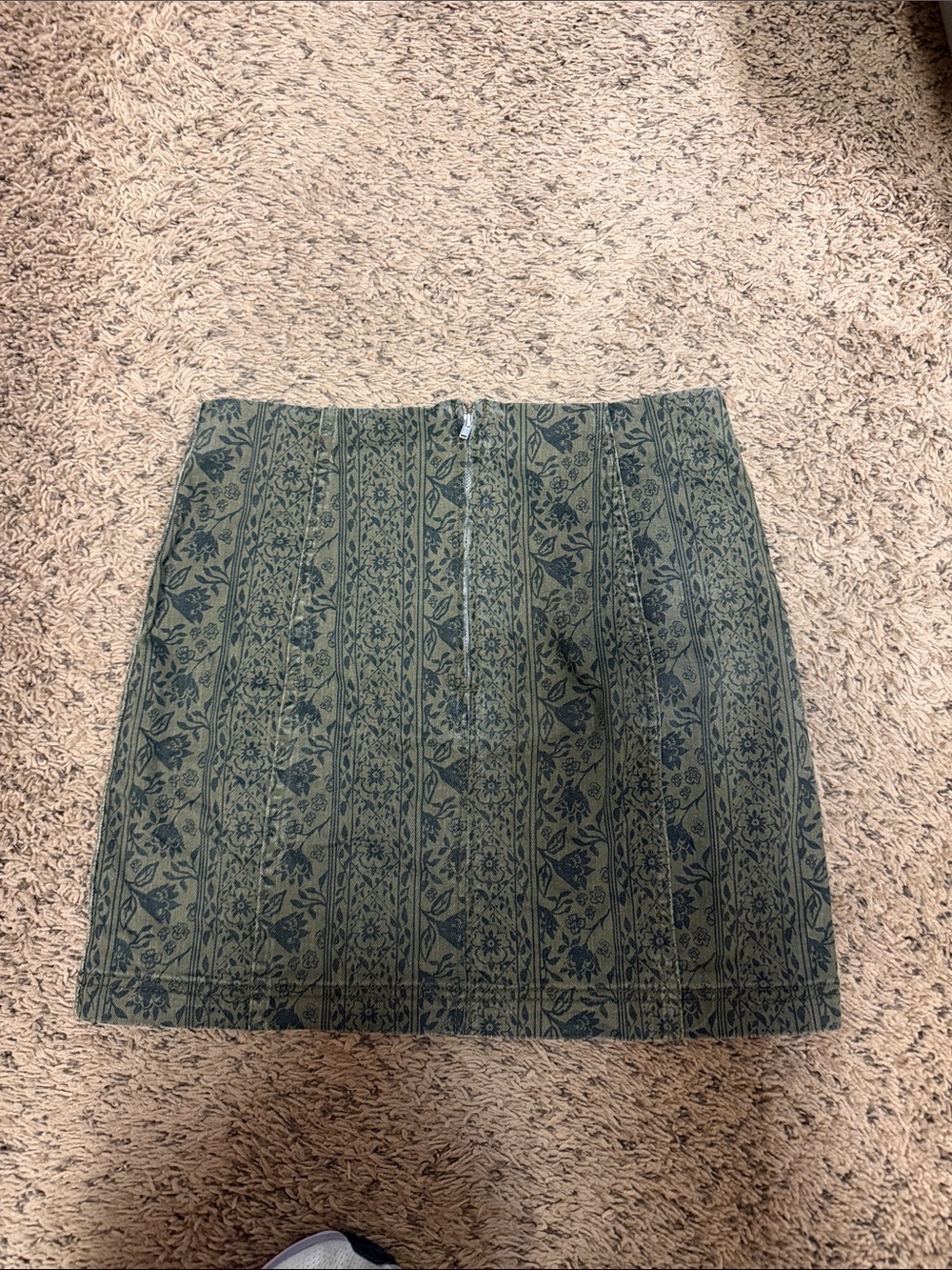 Free People Olive Green Patterned A-Line Mini Skirt